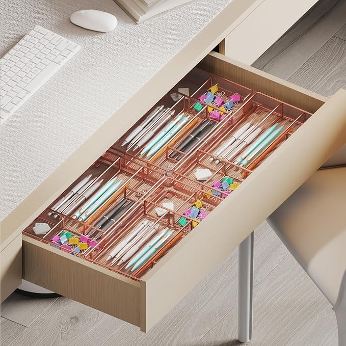 Desk Drawer Organizer Tray, Mesh Desk Organizer, Office Drawer Organizer, Desk Accessories & Workspace Organizers, Suitable for Tools, Pencils, Office Supplies Storage (Rose Gold)-NeatNest