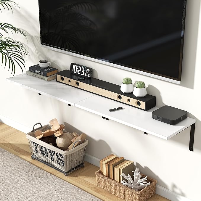 Fun Memories Floating Shelves for Wall, 12 Inch Deep Floating Shelves Set of 2, Wall Mounted Shelf with Metal Brackets, Rustic Wood Wide Shelf for Bathroom, Kitchen and Living Room, White, 32W x 12D-NeatNest