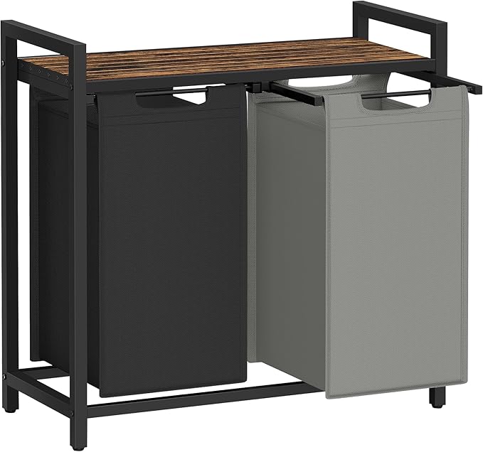 VASAGLE Laundry Hamper, Laundry Basket, Laundry Sorter with 2 Pull-Out and Removable Bags, Shelf, Metal Frame, 2 x 12.1 Gallons (46 L), 28.8 x 13 x 28.4 Inches, Bicolor and Rustic Brown UBLH201X01-NeatNest