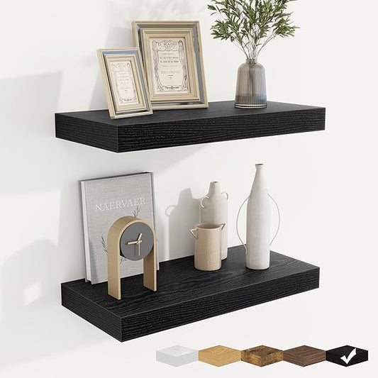 fuqing Floating Shelves for Wall, Bathroom Shelf Wall Mounted for Storage, Shelves with Invisible Bracket for Bedroom, Kitchen, Living Room, Farmhouse Small Book Shelf, 16 Inch Set of 2, Black-NeatNest