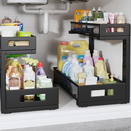 2 Pack 17IN Depth Under Sink Storage Organizer, Large 2-Tier Elegant Mesh Pull Out Shelf for Kitchen and Bathroom Cabinet Organization, L-Shaped and Adjustable Height Design-Black-NeatNest