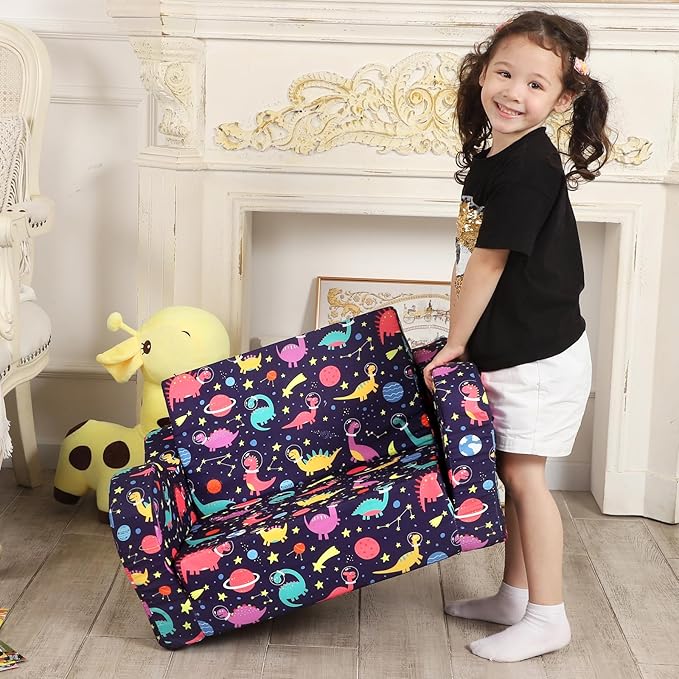 Dinosaur Kids Sofa, 2-in-1 Kids Couch Fold Out, Convertible Sofa to Bed for Girls and Boys-NeatNest