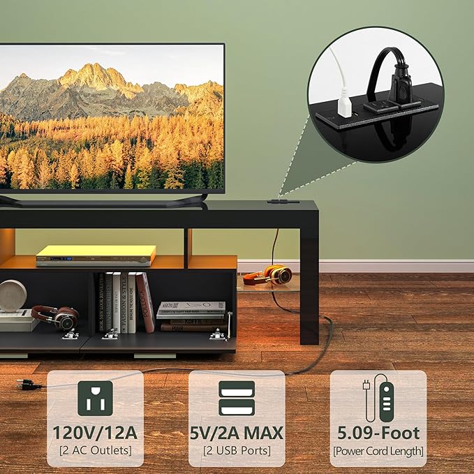 Clikuutory Modern LED Black 67 inch TV Stand with Power Outlet and Large Storage for 40 50 55 60 65 70 75 Inch TVs, Wood TV Console with High Glossy Entertainment Center for Living Room, Bedroom-NeatNest