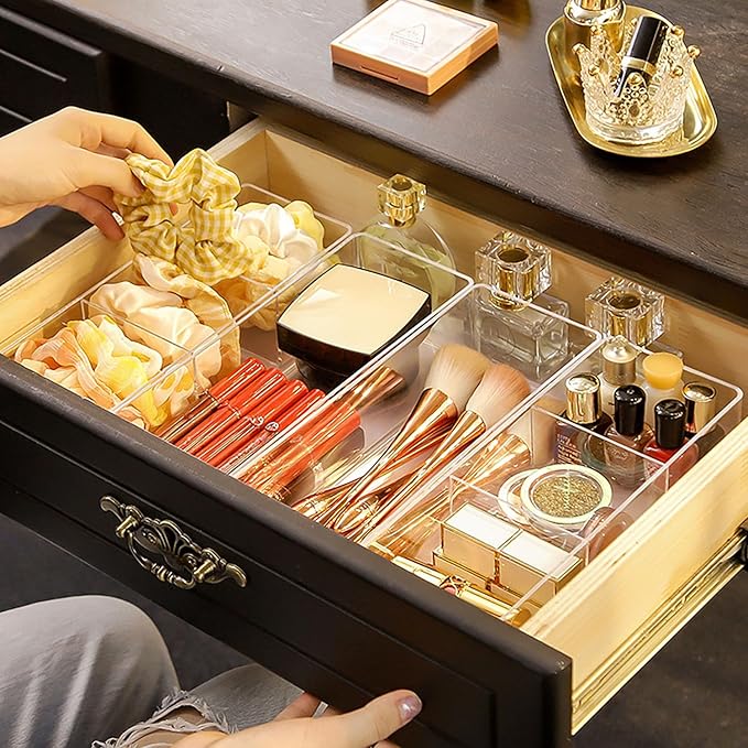 JessLab Acrylic Organizer, 2PK Cube Sections Makeup Organizer for Drawer, Makeup Organizer for Vanity, Countertop, Bathroom, Kitchen and Cabinet Storage(3+3 Compartment)-NeatNest