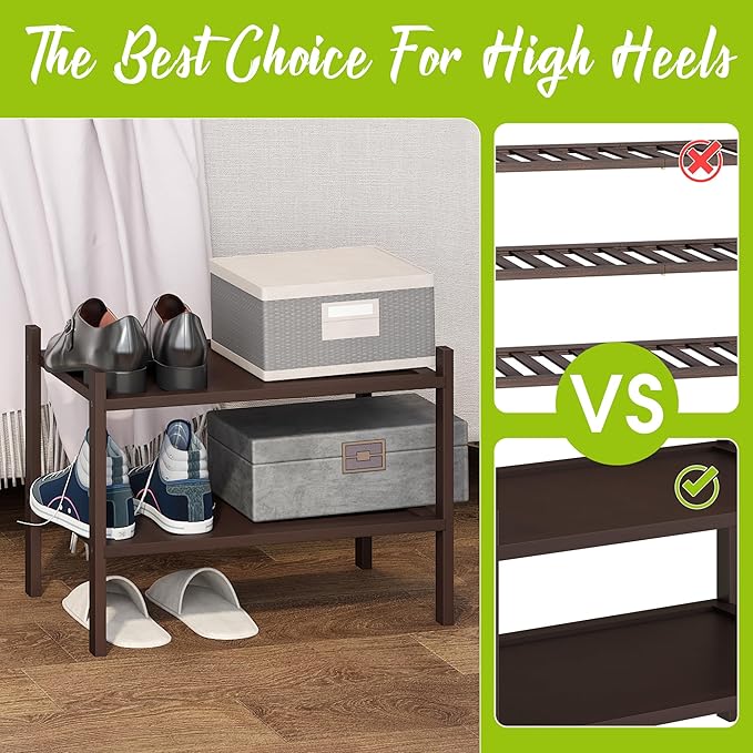 BMOSU 2-Tier Bamboo Small Shoe Rack Premium Stackable Shoe Shelf Storage Organizer for Hallway Closet Living Room Entryway Organizer(Brown)-NeatNest