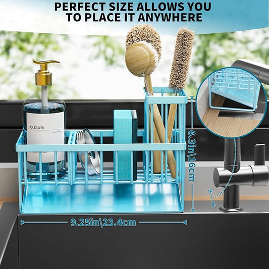 Cisily Blue Kitchen Sink Caddy Organzier with High Brush Holder, Sponge Holder for Sink, 304 Rustproof Stainless, Kitchen Countertop Soap Dispenser Organizer, Home Decor and Accessories-NeatNest