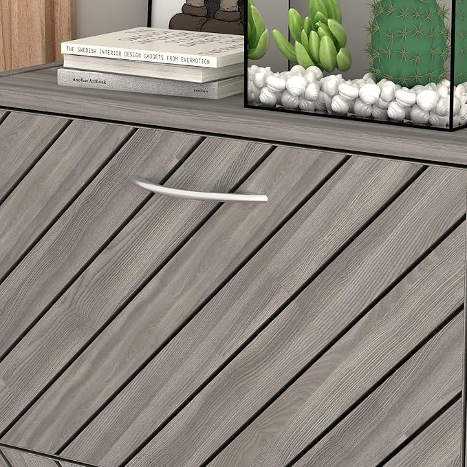 Homsee Modern Shoe Storage Cabinet with 2 Flip Drawers & Twill Louver Doors, Wood 2-Tier Shoe Rack Storage Organizer for Entryway, Hallway & Bedroom, Grey (22.4”L x 9.4”W x 29.5”H)-NeatNest