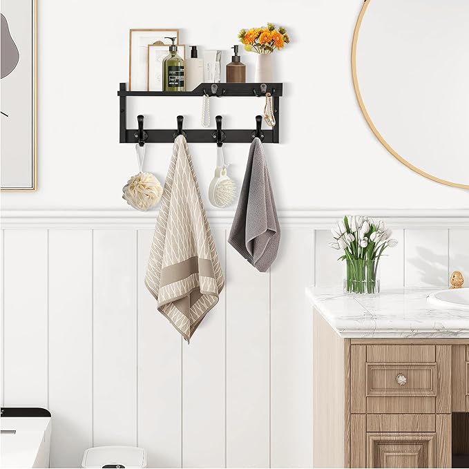 Coat Rack Wall Mount with Shelf, Coat Hanger Wall Mount with Key Hooks and Mail Holder, Wood Entryway Floating Shelf with Hooks and Storage, Hat Rack for Wall Key Holder Mail Organizer-NeatNest