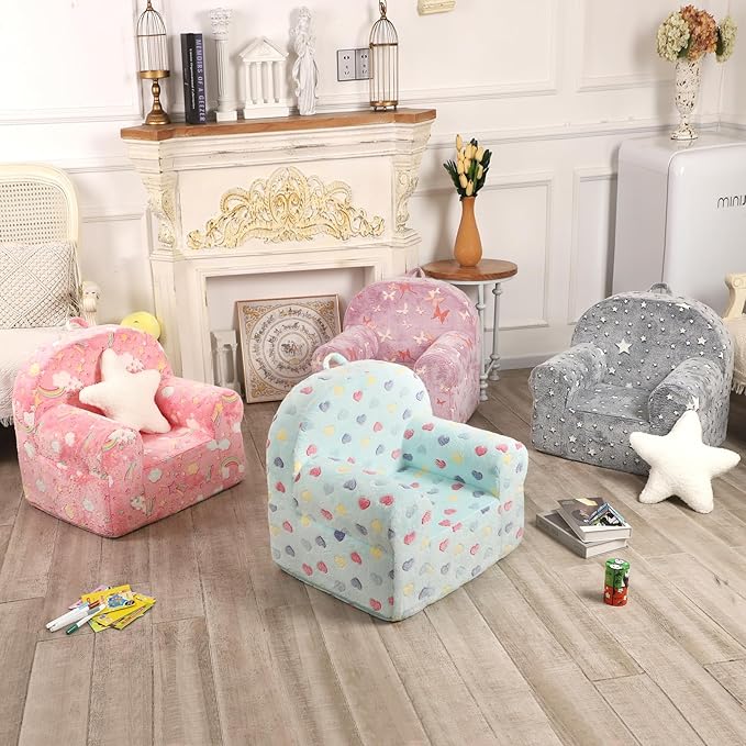 Colorful Heart Kids Sofa with Star Throw Pillow, High Back Toddler Chair Glow in The Dark for Boys and Girls, Lake Blue-NeatNest