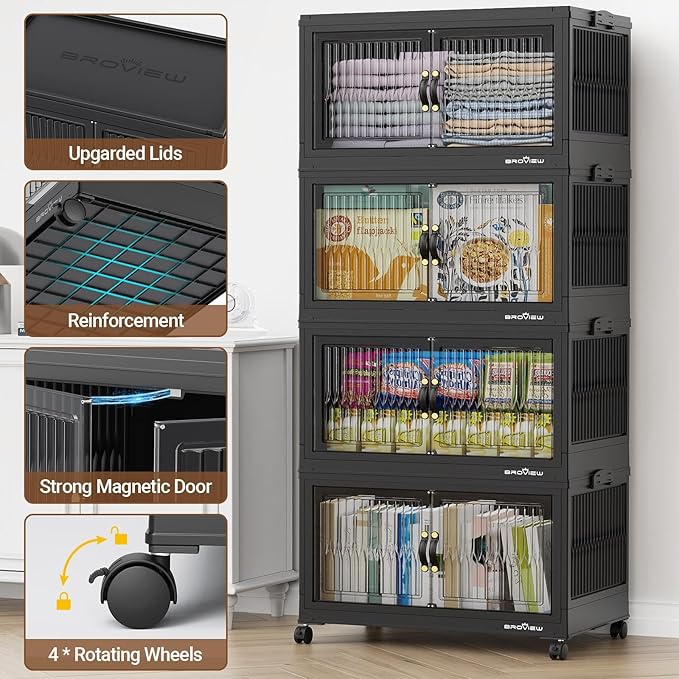 300Qt Stackable Storage Bins with Lid, Extra Large Closet Organizer Collapsible Drawer Boxes with Wheels, Folding Plastic Cabinet Containers for Home Kitchen Room Organization, 3Pack Black