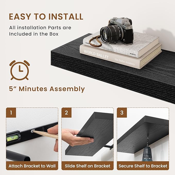 fuqing Floating Shelves for Wall, Bathroom Shelf Wall Mounted for Storage, Shelves with Invisible Bracket for Bedroom, Kitchen, Living Room, Farmhouse Small Book Shelf, 40 Inch Set of 2, Black-NeatNest