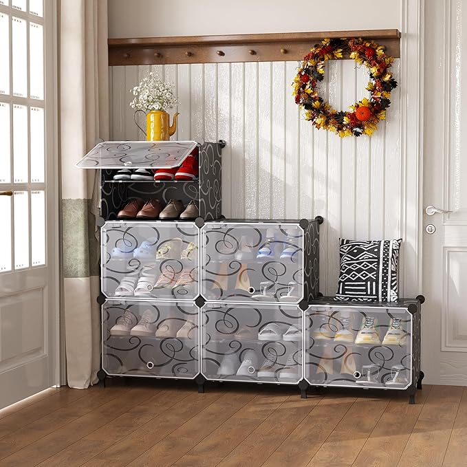 AWTATOS Shoe Rack, 6 Tier Shoe Storage Cabinet with Door, 24 Pair Shoe Organizer Shelves for Closet Hallway Bedroom Entryway, Black-NeatNest