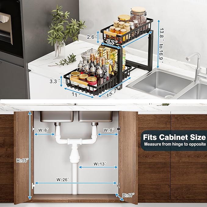 Under Sink Organizers, 2 Tier Pull Out Under Cabinet Organizer，Height Adjustable Pull Out Cabinet Drawers, Metal Sliding Drawer for Kitchen Bathroom Pantry Cabinet Closet Organization Rack，2 Packs-NeatNest