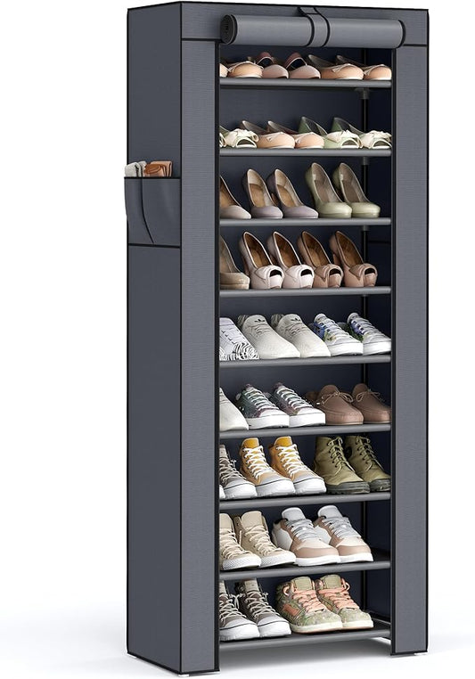 SONGMICS Shoe Rack with Non-Woven Fabric Cover, 9 Tier Storage Shelf for 27-35 Pairs of Shoes, Entryway, Suitable for Sneakers, High Heels, Flats, and Boots, Grey URXJ10G-NeatNest