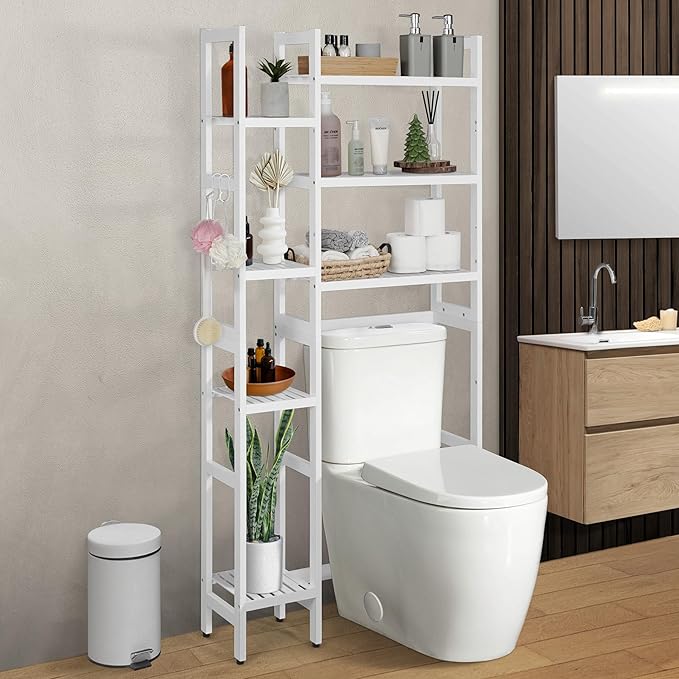 CAPHAUS Over The Toilet Storage Shelf, 7-Tier Bamboo Bathroom Organizer Shelf Rack Over Toilet with Adjustable Feet & Hooks, Freestanding Toilet Shelf for Bathroom Laundry Balcony Plant Stand, White-NeatNest