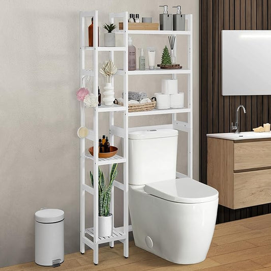 CAPHAUS Over The Toilet Storage Shelf, 7-Tier Bamboo Bathroom Organizer Shelf Rack Over Toilet with Adjustable Feet & Hooks, Freestanding Toilet Shelf for Bathroom Laundry Balcony Plant Stand, White-NeatNest