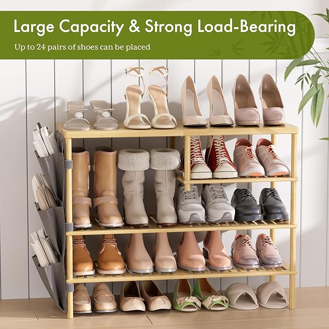 Bamboo Shoe Rack, 4 Tiers Shoe Organizer for Closet, Shoes Storage for 20-24 Pairs, Freestanding Shoe Shelf with Removable Pocket for Entryway Bedroom Front Door Dorm