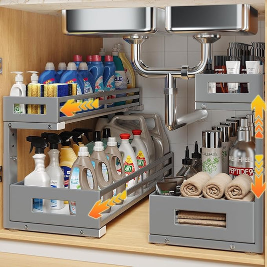 2-Pack 20.47"Deep Under Sink Organizer And Storage,2-Tier L-Shaped Pull Out Cabinet Organizer with Upgraded Slide Rails,Height Adjustable Drawers for Kitchen&Bathroom,Extra-Large Storage Shelves–Gray-NeatNest