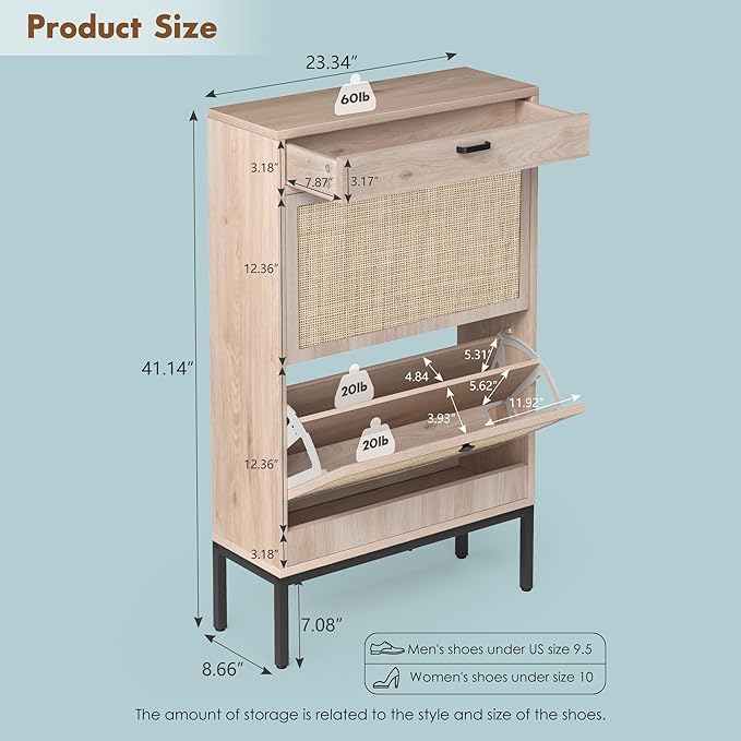 Brafab Shoe Storage Cabinet with Flip Drawers & Adjustable Shelves, Rectangular Rattan Doors - For Hallways and Entryways-NeatNest