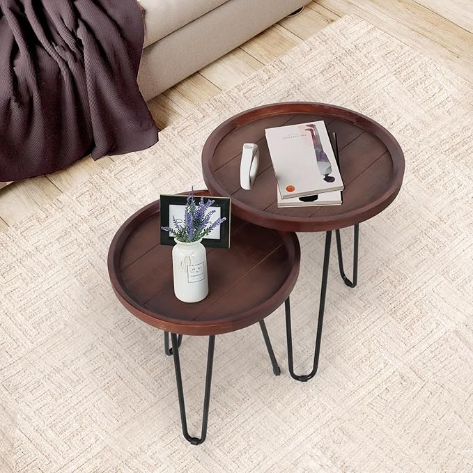 Oakrain Walnut Nesting Tables, Set of 2 - Small Round Farmhouse End Tables, Coffee Table, Hallyway