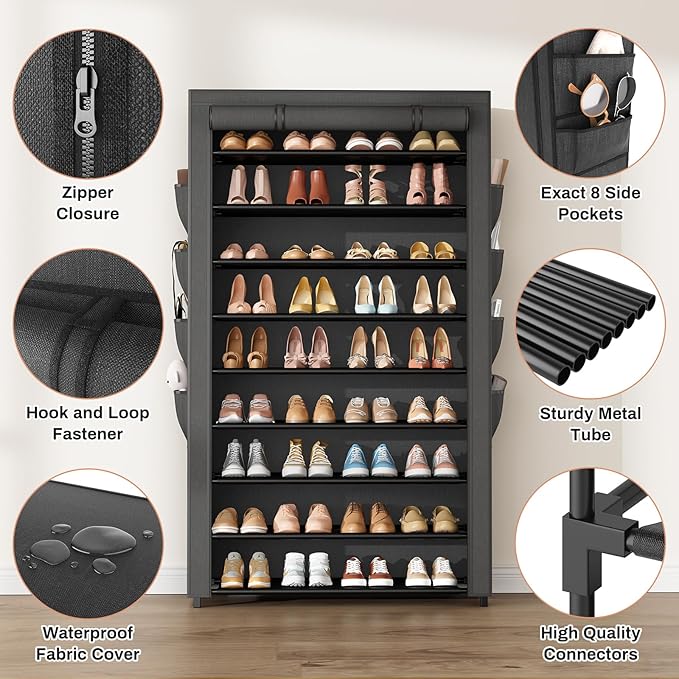 Shoe Rack with Cover, 10 Tier Shoe Organizer Storage for 40-50 Pairs Sneaker and Boots, Large Capacity, with 8 Pockets, Free Standing Tall Shoe Rack for Front Door Entrance, Closet-NeatNest