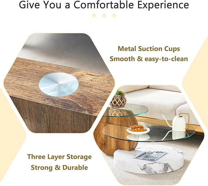 Glass Coffee Tables Round Coffee Tables for Living Room Modern 3 Tier Round Table Circle Coffee Table for Small Space Home Office (42 Inch White + Wood)