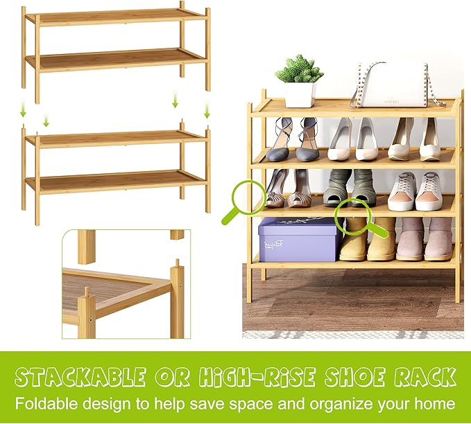 BMOSU 2-Tier Bamboo Shoe Rack Premium Stackable Shoe Shelf Storage Organizer for Hallway Closet Living Room Entryway Organizer(Natural)-NeatNest