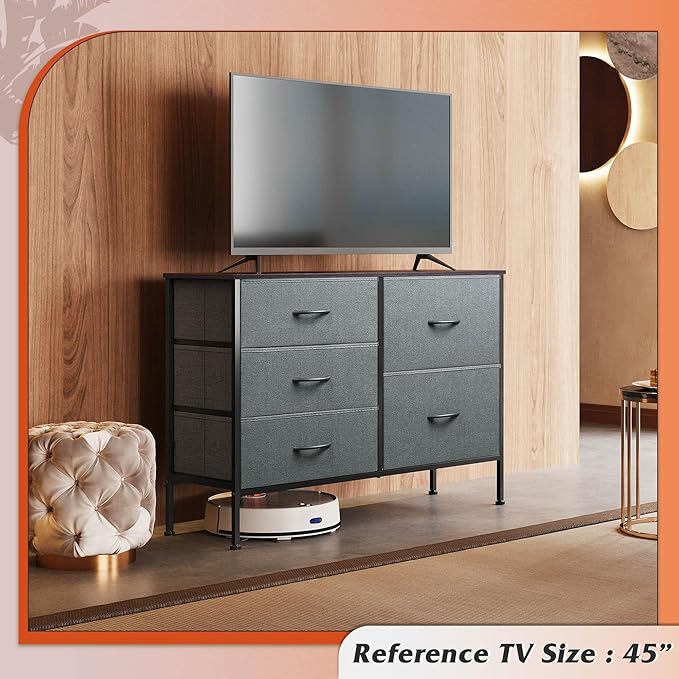 WLIVE Dresser for Bedroom with 5 Drawers, Wide Bedroom Dresser with Drawer Organizers, Chest of Drawers, Fabric Dresser for Living Room, Closet, Hallway, Dark Grey-NeatNest