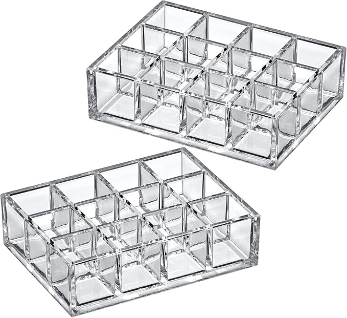 Amazing Abby - Allure - 2-Pack 12-Slot Acrylic Lipstick Organizer, Lipstick Holder, Lip Gloss Holder, Cosmetic Storage Display, Perfect Storage Solution for Drawer and Vanity (Slot Size: 1.0" x 1.0")-NeatNest