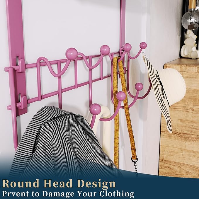 Consumest Over The Door Hooks Organizer - Extra Long Door Hanger with 9 Coat Hooks & 2 Mesh Basket, Back Storage Organizer Hanging Towels for Bathroom, Bedroom - Pink (for 1.76 in Doors)