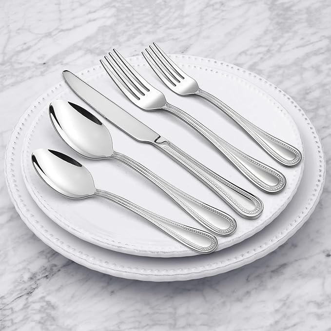HaWare Silverware Set, 60-Piece Pearled Edge Stainless Steel Flatware for 12, Beading Tableware Cutlery Utensil for Home, Mirror Polished, Dishwasher Safe