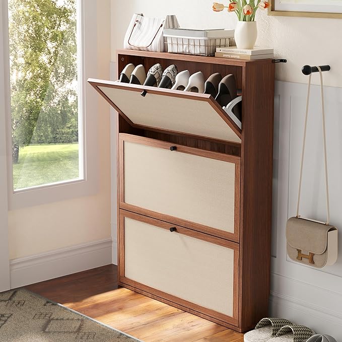 AVZEAR Narrow Shoe Storage Cabinet for Entryway with Natural Linen Panel, Freestanding Slim Shoe Cabinet with 3 Flip Drawers, Wood Shoe Organizer Closed Shoe Rack for Hallway, Living Room(Walnut)-NeatNest