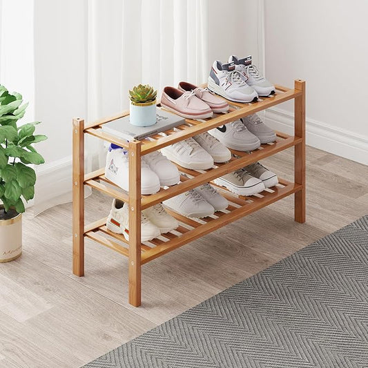 Bamboo Shoe Rack Organizer for Closet and Entryway - Space-Saving Narrow Shoe Stand - Versatile Shoe Holder for Door or Closet Shelf, Bedroom can Freely Stack DIY Small Shoe Racks 3 Tier Bamboo color-NeatNest