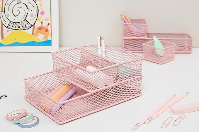 Annova Mesh Stackable Drawer Cabinet and Shelf Organizer Bins Storage Basket School Office Supply Holder Tray- Set of 2 (Light Pink, 3x3x2 Inch)-NeatNest