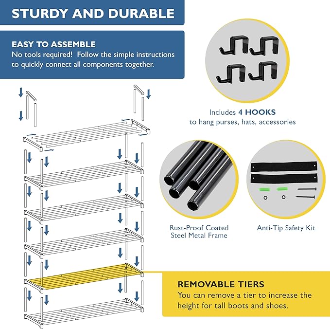 Sundaze Shoe Rack - 6 Tier Metal Shoe Rack for Front Door Entrance, Sturdy Tall Shoe Organizer for Closet, Bedroom, Entryway, Garage, Black Metal Shoe Shelf, Holds Up to 30 Pairs-NeatNest