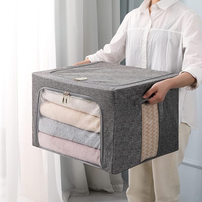 3Pack Foldable Storage Bins - Frame Storage Box Linen Fabric Stackable Clothes Container Organizer with Clear Window & Carry Handles Large Capacity (Large-66L, Dark Gray)-NeatNest