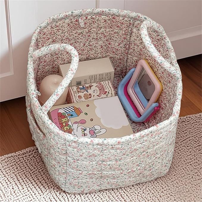 Boho Fabric Storage Basket Quilted Floral Print Baskets Organizer Bin with Handles for Home, Picnic, Shopping (Green, L)-NeatNest