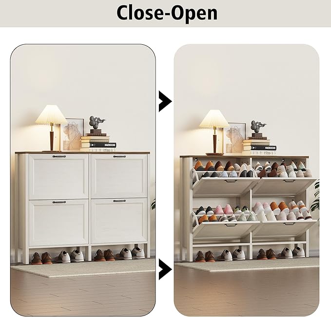 Shoe Storage Cabinet with 4 Flip Drawers, Wooden Shoe Rack with Metal Handle, Freestanding Hidden Shoe Storage Organizer with Open Shelf, Narrow Shoe Rack for Entryway, Hallway (White Brown)