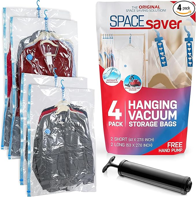 4 Pack Hanging Vacuum Storage Bags for Jackets, Clothes, Suits and Dresses – Vacuum Sealed Compression Bags with Hand Pump – Space Saver Storage Bags for Moving, Travel & Organization (2S & 2L)