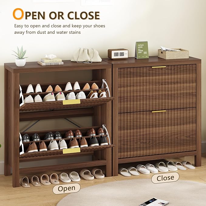Shoe Cabinet Storage for Entryway, Fluted Shoe Cabinet with 2 Flip Drawers, Hidden Shoe Rack Tall Freestanding Shoe Organizer with Legs for Hallway, Walnut-NeatNest
