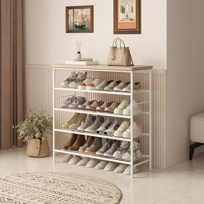 Shoe Rack Organizer 5 Tier for Closet Entryway Free Standing Metal Storage Shoe Shelf with MDF Top Board，White+Oak-NeatNest