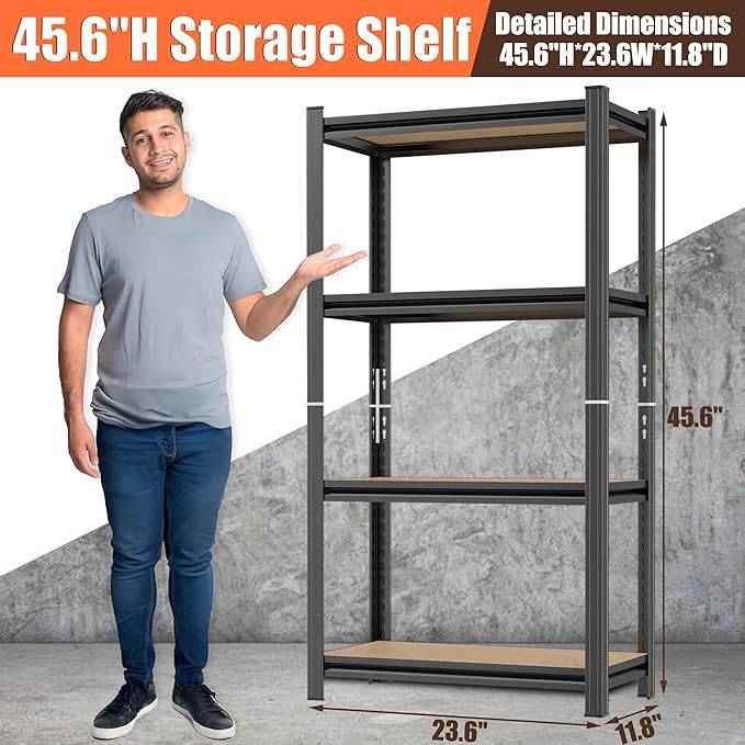 4 Tier Garage Shelving Wood Storage Shelves 4000 lb Load Capacity Adjustabl Shelf Units 45.6" H*23.6" W*11.8" D Metal Shelving Suitable for Basement Warehouse Pantry,Black
