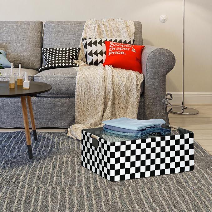 Checkered Storage Basket Foldable Nursey Box | 16.9" Storage Cube for Women Closet Organizer Boys Car Toys Bins with Handles | Sturdy Cardboard & Washable Fabric 2Pack-NeatNest