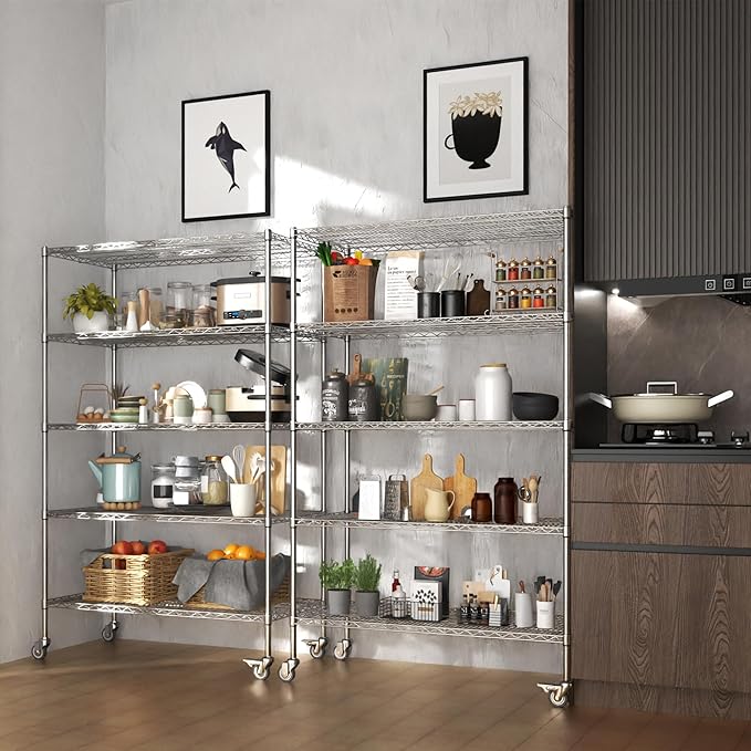 5 Tier Metal Shelving Unit with Wheels, 72" H x 48”W x 24”D Industrial Storage Shelves 1500 LBS Load Capacity, Steel Wire Storage Shelving for Garage, Kitchen, Pantry, Living Room-NeatNest