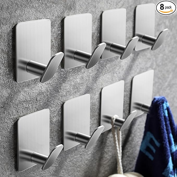 DELITON Towel Hooks for Bathrooms - 8 Pack Adhesive Wall Hooks for Hanging Robe Coat Stick on Hook No Damage SUS 304 Stainless Steel, Silver-NeatNest