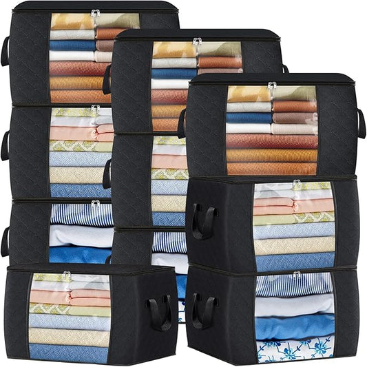 Fab totes 90L Clothes Storage, Foldable Thick Fabric Blanket Storage Bags, Containers for Organizing Bedroom, Closet, Clothing, Comforter, Organization with Handle (10 Pack,Black)-NeatNest