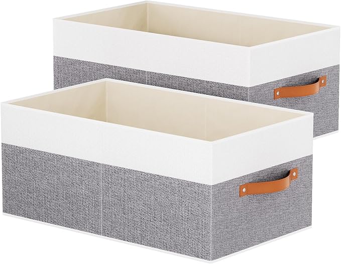 Foldable Storage Bins, 16.1 × 9.8 × 6.5 inch Closet Bin with Handles, Fabric Clothes Boxes for Drawers, Baskets for Organizing Shelves, 2 Pack, White and Grey-NeatNest