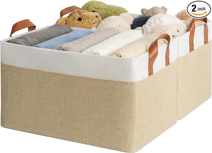 GRANNY SAYS Storage Baskets for Shelves, Closet Organizer Bins, Clothes Storage Bins with Metal Frame, Extra Large Baskets for Organizing and Storage, Collapsible, Khaki, 2-Pack-NeatNest