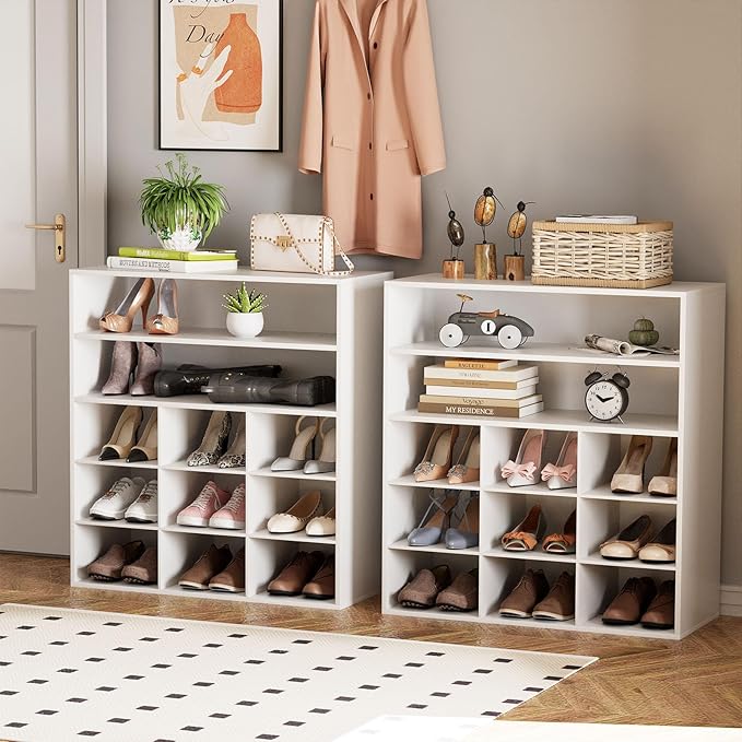 Garden 4 you Shoe Rack Organizer, 5-Tier Wood Cubby Shoe Rack with 2 Storage Shelf and 9 Cubbies, Shoe Organizer Cabinet for Entryway, Hallway, Closet and Garage, White-NeatNest