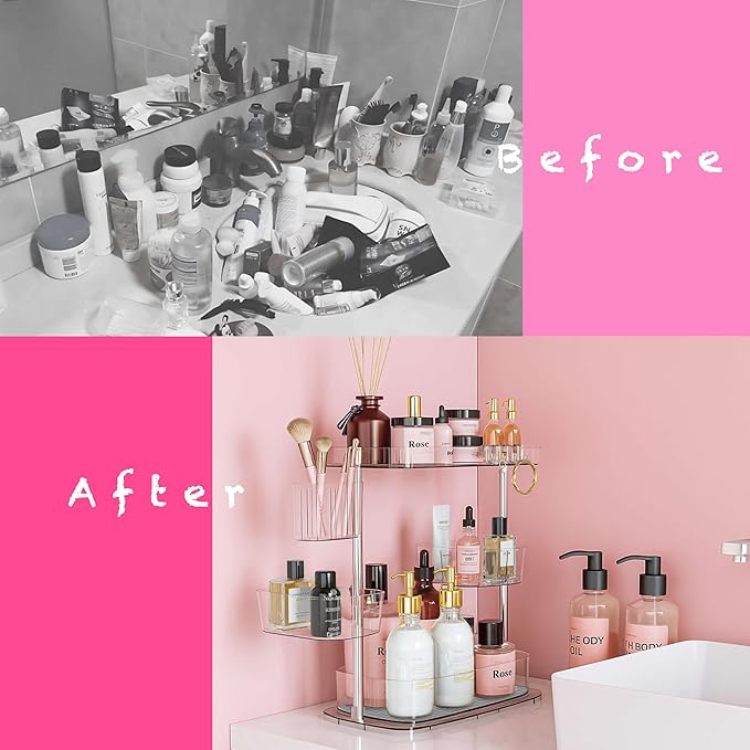 3 Tier Bathroom Organizer Countertop Rotating Makeup Tray Counter Storage Vanity and Skincare Shelves Clear